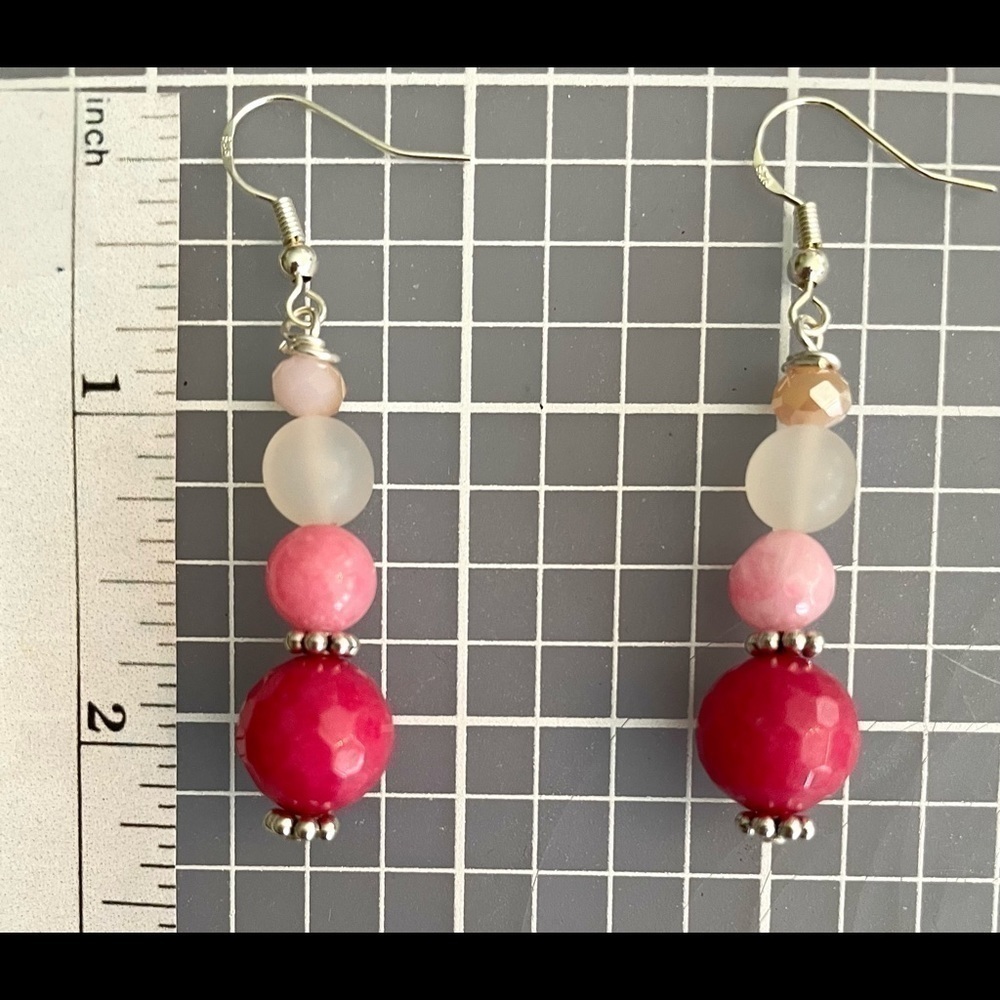 Sterling Silver Earrings Bead Handmade Raspberry Gradient Pink Genuine Stone - Picture 3 of 5